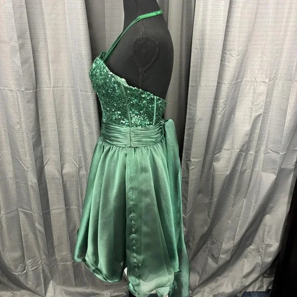 Sherri Hill Dress‎ Womens 2 Emerald Green Sequin Halter Sweetheart Prom Cocktail - Picture 4 of 16